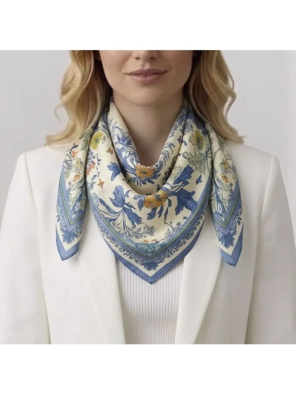 ✨Luxury Elegant Blue Floral Silky Square Scarf Beige Blue Neck Accessory Hijab